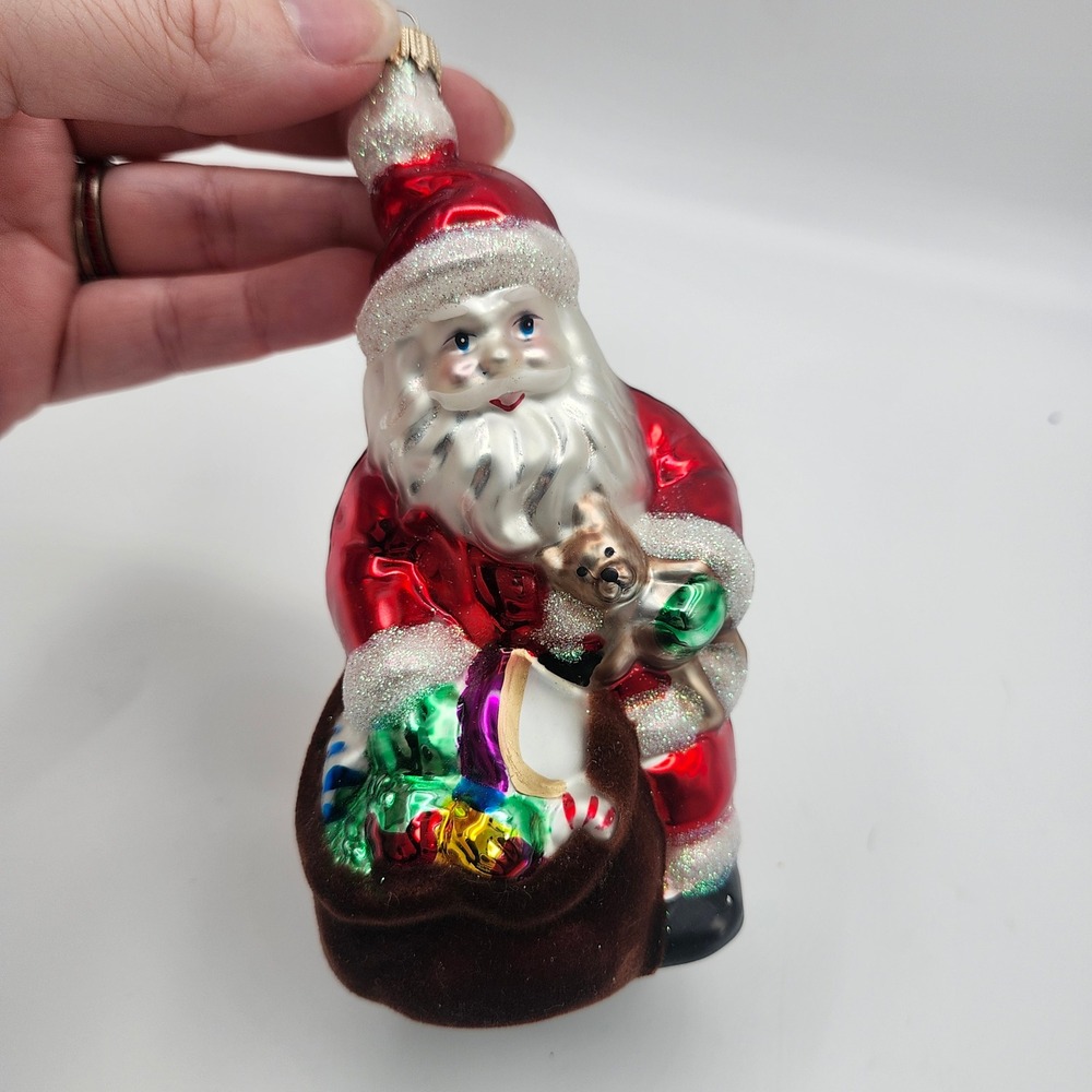 Vintage Style Glass Santa Ornament Flocked Velvet Toy‎ Bag Red Coat Glitter